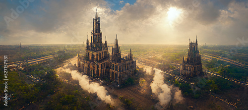 Photographie aerial view steampunk old cathedral complex a tall Digital Art Illustration Pain