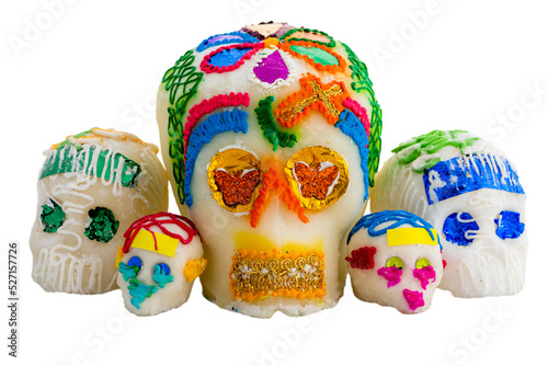 Day of the dead decorated skulls set, sugar skull figurines isolated without background PNG.