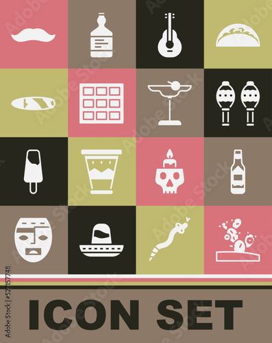 Set Cactus, Tabasco sauce, Maracas, Mexican guitar, Chocolate bar, Cigar, Mustache and Margarita cocktail icon. Vector