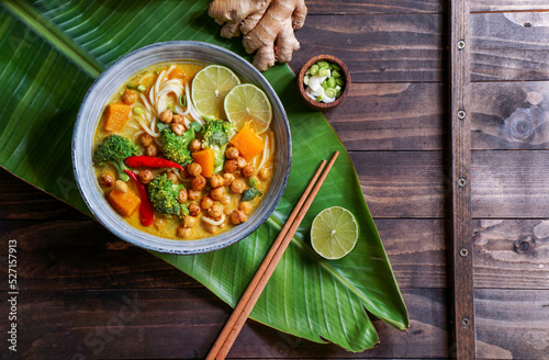 Laksa noodle soup With pumpkin and broccoli, thai spicy soup
