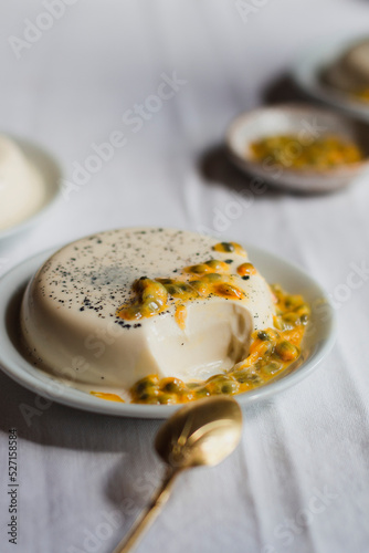 Passionfruit panna cotta with spoonfull removed