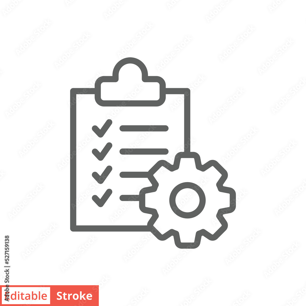 Clipboard with gear icon. Simple outline style. Project order, work, setting, technical support check list concept. Line vector illustration isolated on white background. Editable stroke EPS 10. Clipboard with gear icon. Simple outline style. Project order, work, setting, technical support check list concept. Line vector illustration isolated on white background. Editable stroke EPS 10.