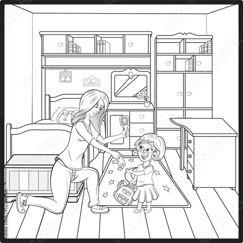 Dibujo para pintar de una niña siendo alistada por su madre para llevarla a la escuela.