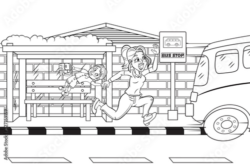 Dibujo para pintar de una madre corriendo para llevar a su hijo a la escuela.