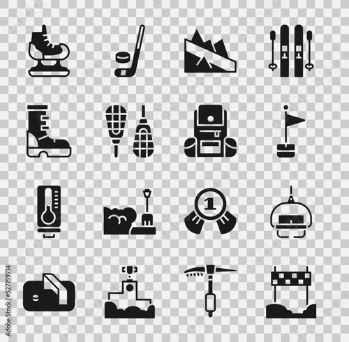 Set Ribbon in finishing line, Ski lift, Location marker, Mountain descent, Snowshoes, Waterproof rubber boot, Skates and Hiking backpack icon. Vector