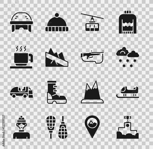 Set Award winner podium, Sled, Cloud with snow, Cable car, Mountain descent, Hot chocolate cup, Hockey helmet and Biathlon rifle icon. Vector