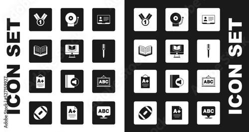 Set Online class, Open book, Medal, Pen, Ringing alarm bell, Chalkboard and Exam sheet with A plus grade icon. Vector