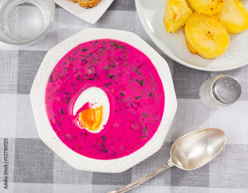 Image of belarusian cold borscht on the table indoors photo