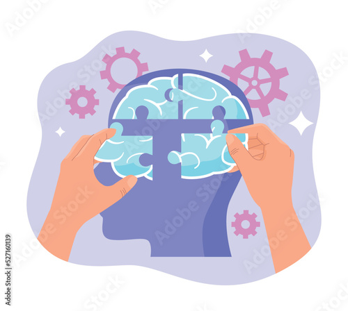 Mental health concept. Hands collect puzzles in abstract silhouette of head. Logical and creative process, decision making metaphor. Psychology, help and support. Cartoon flat vector illustration