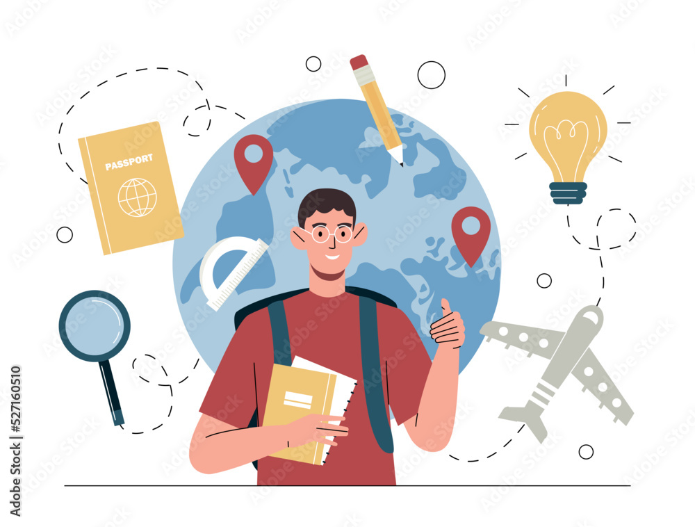 Study abroad concept. Man with glasses and book stands against backdrop