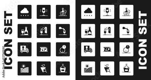 Set Wine in italian fiasco bottle, Sommelier, with glass, Cloud rain, tasting, degustation, Wooden barrel for wine and truck icon. Vector