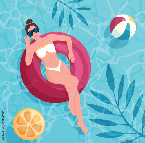 Woman on summer holiday. Girl on red lifebuoy or inflatable mattress swims in pool. Holidays in exotic countries and luxury hotels. Rest and relax, water waves. Cartoon flat vector illustration