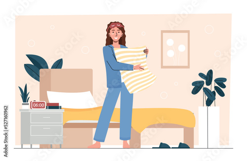 Young female in pajama. Woman in evening with cosmetic mask make bed. Character gets ready for sleep at night. Rest after work and comfortable and cozy bedroom. Cartoon flat vector illustration
