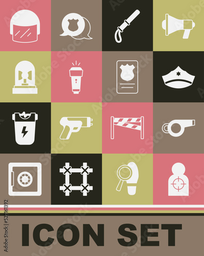 Set Human target sport for shooting, Whistle, Police cap with cockade, rubber baton, Flashlight, Flasher siren, helmet and badge id case icon. Vector