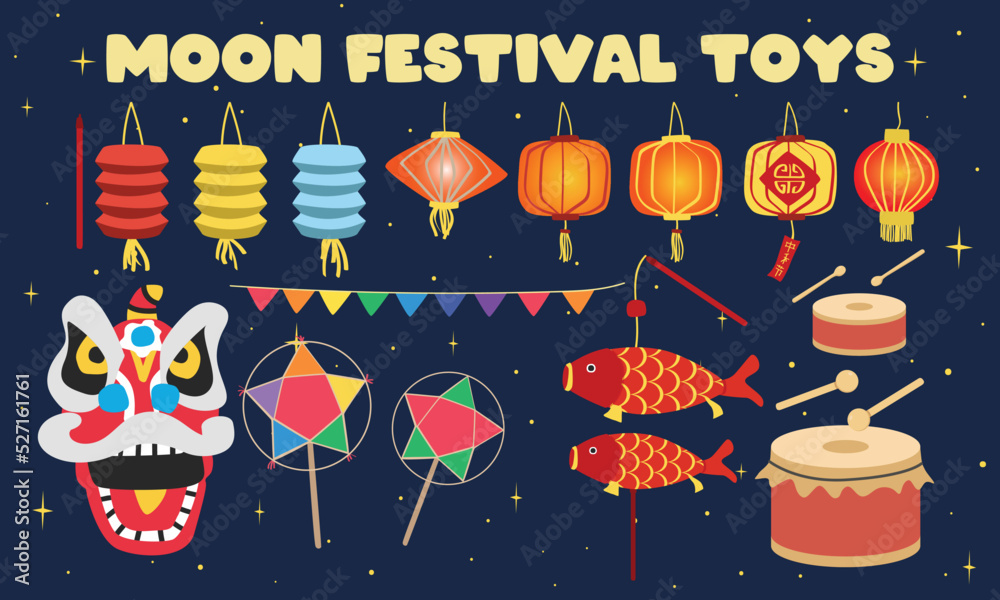 Set of Mid-Autumn Festival toys clipart. Moon festival or mooncake ...