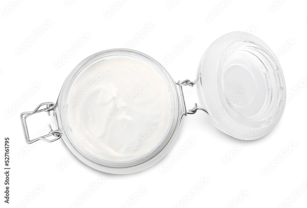 Jar of tasty organic yogurt isolated on white, top view Jar of tasty organic yogurt isolated on white, top view