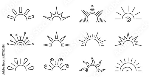 Half sun line icon set. Sunrise sunset logotype isolated on white Various shape sunshine star. Cartoon summer sunlight nature sky. Simple graphic solar circle sign. Sunny heat rays weather app symbol