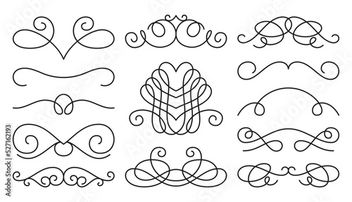 Swirl retro ornament linear set. Vintage flourish ornate border. Victorian style filigree line curl. Decorative design elements for greeting invitation card, labels tags. Text divider, page delimiter