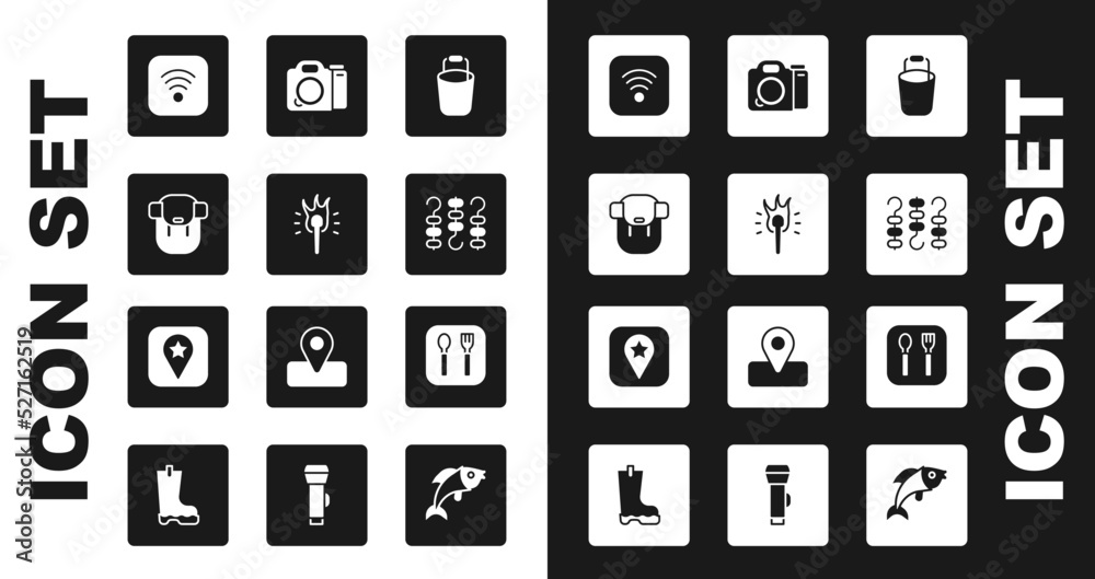 Set Bucket, Torch flame, Hiking backpack, Wi-Fi wireless internet, Grilled shish kebab on skewer, Photo camera, Fork and spoon and Location for camping icon. Vector Set Bucket, Torch flame, Hiking backpack, Wi-Fi wireless internet, Grilled shish kebab on skewer, Photo camera, Fork and spoon and Location for camping icon. Vector