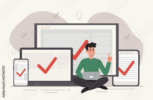 Multidevice targeting concept. Man with laptop sits next to smartphones, tablets and computer. Cloud service and gadget synchronization. Cross device metaphor. Cartoon flat vector illustration photo