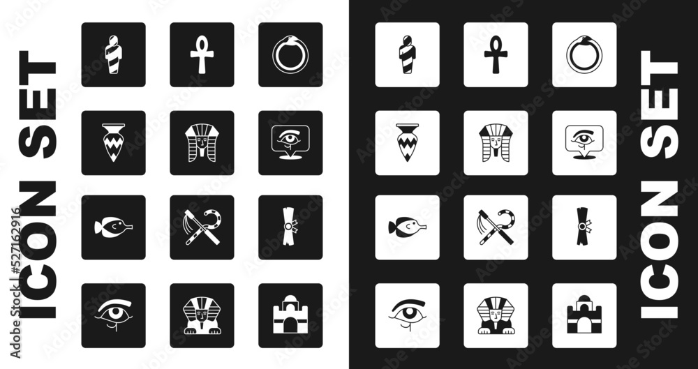 Set Magic symbol of Ouroboros, Egyptian pharaoh, vase, mummy, Eye Horus, Cross ankh, Papyrus scroll and Butterfly fish icon. Vector