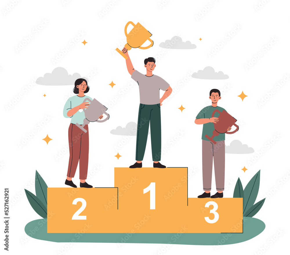 Successful winners concept men and women stand on podium rewarding