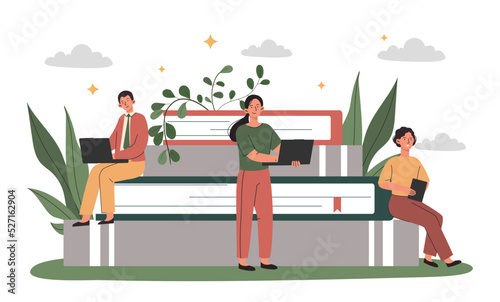 People studying together. Men and women sit on stacks of books. Students do their homework, prepare for test or examination. Distance learning and education. Cartoon flat vector illustration