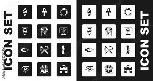 Set Magic symbol of Ouroboros, Egyptian pharaoh, vase, mummy, Eye Horus, Cross ankh, Papyrus scroll and Butterfly fish icon. Vector