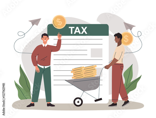 Man pays taxes. Ccharacter shares part of income with state. Financial literacy and calculation of obligatory payments. Persons next to tax return, budgeting. Cartoon flat vector illustration