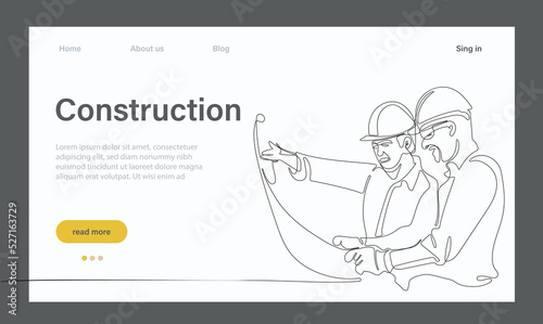Vector landing page of architecture works with protective face masks for safety in machine industrial factory. Continuous one line drawing for your minimal design