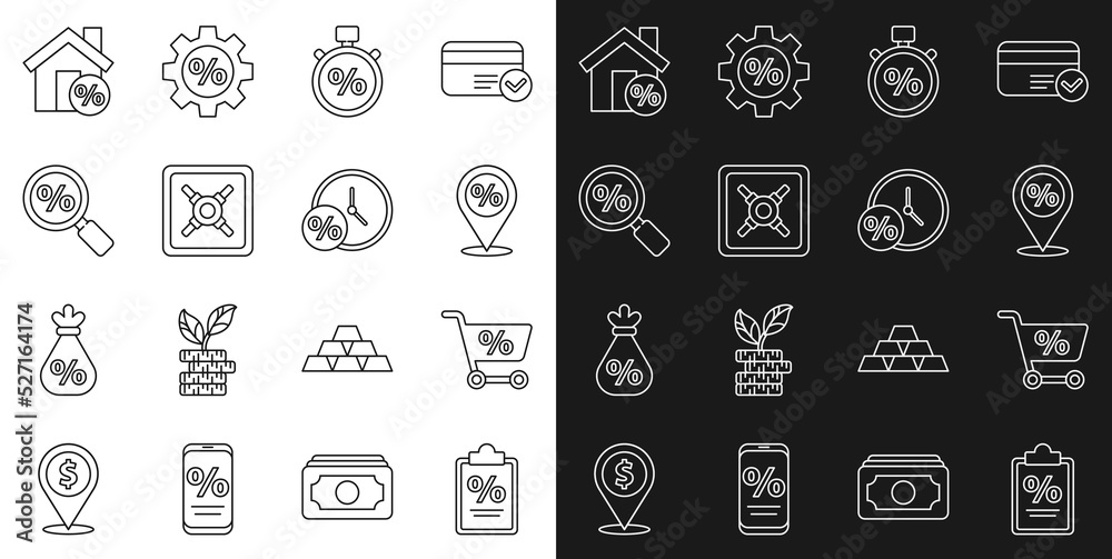 Set line Finance document, Shopping cart, Location with percent discount, Stopwatch and, Safe, Magnifying glass, House percant and Clock icon. Vector