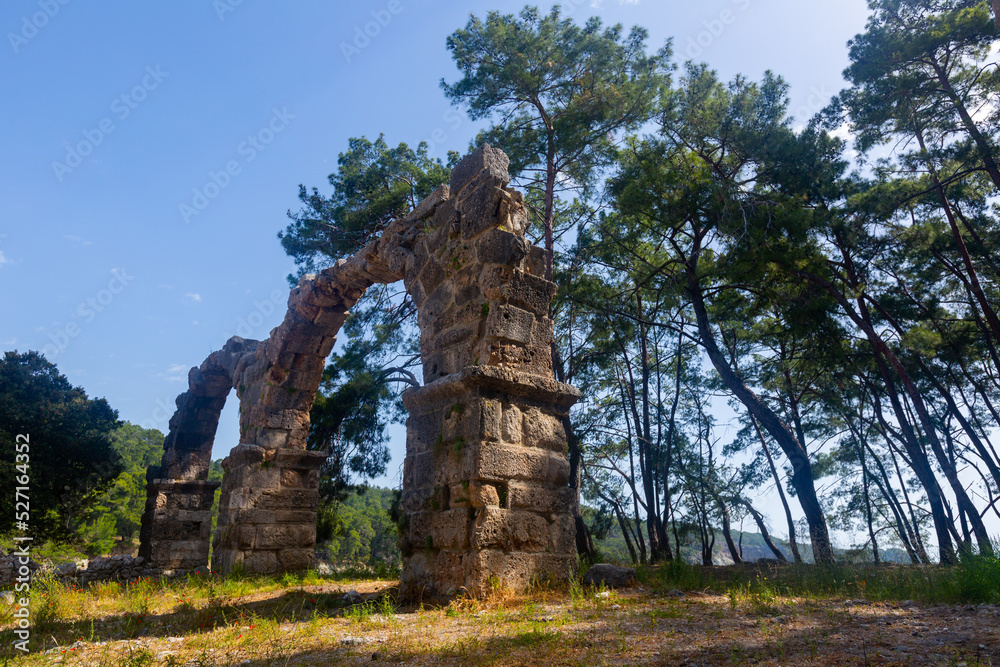 View on summer sunny day of remnant of arched stone Roman aqueduct surrounded by green pines in Beydaglari Coastal National Park on site of ancient city of Phaselis in Kemer district, Turkey