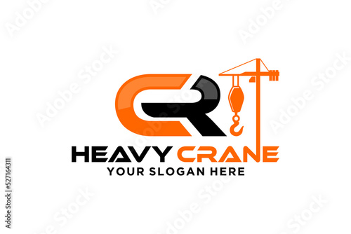 Tower crane logo with hook pulley block silhouette sunset urban scene vector design C R initial letter
