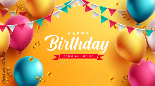 Birthday text vector design. Happy birthday with balloons, confetti and pennants elements for kids party colorful decoration invitation card. Vector Illustration.