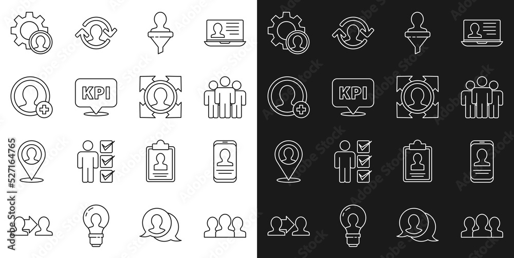 Set line Users group, Mobile with resume, Head hunting, Key performance indicator, Create account screen, and icon. Vector Set line Users group, Mobile with resume, Head hunting, Key performance indicator, Create account screen, and icon. Vector