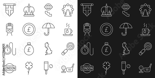 Set line Golf club with ball on tee  Magnifying glass  Cup of tea tea bag  London underground  Coin money pound  Tram and railway  England flag pennant and Umbrella icon. Vector