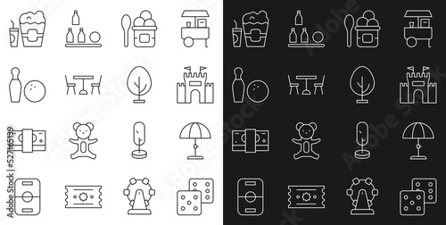 Set line Game dice, Sun protective umbrella, Castle, Ice cream in bowl, Picnic table with chairs, Bowling pin and ball, Popcorn box glass and Tree icon. Vector