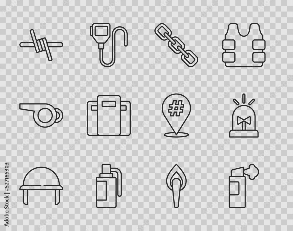 Set line Military helmet, Pepper spray, Chain link, Hand grenade, Barbed wire, Police assault shield, Torch flame and Flasher siren icon. Vector Set line Military helmet, Pepper spray, Chain link, Hand grenade, Barbed wire, Police assault shield, Torch flame and Flasher siren icon. Vector