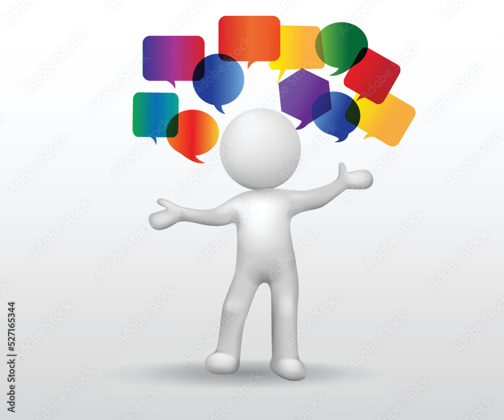 3D small white people - blogging with colorful speech bubble signs vector image design 3D small white people - blogging with colorful speech bubble signs vector image design