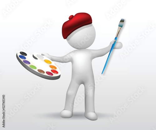 3D small white people - Painter Artist  with red hat brush in the hand and palette color in a tray icon vector logo  image design background template photo