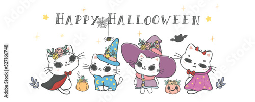 group of cute Halloween cat in Party costume cartoon pet doodle hand drawing banner
