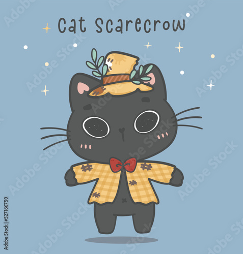 cute Halloween black cat in scarecrow costume doodle animal hand drawn vector
