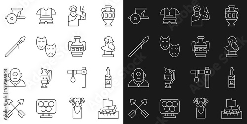 Set line Greek trireme, Bottle of wine, Ancient bust sculpture, Zeus, Comedy and tragedy masks, Medieval spear, chariot and amphorae icon. Vector