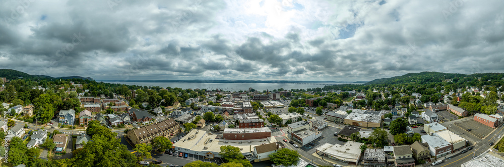 Aerial panorama view of Nyack New York with the Hudson river and the Mario Cuomo suspension bridge
