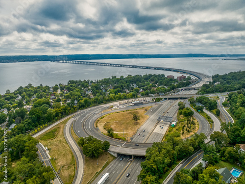 Aerial view of toll plaza and complex intersection leading up to the Cuomo suspension bridge in Nyack on the Hudson river in New York