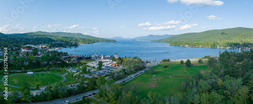 Panoramic aerial view of Lake George New York popular summer vacation destination with colonial wooden fort William Henry photo