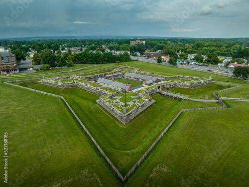 Aerial view of reconstructed wooden star fort with four bastions in Rome New York