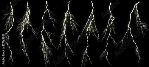 Set of different lightning bolts isolated on black background