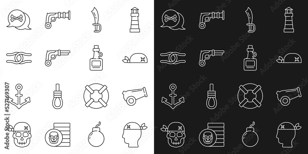 Set line Pirate captain, Cannon, bandana for head, sword, Vintage pistols, Rope tied knot, Location pirate and Alcohol drink Rum icon. Vector
