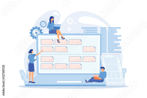 Tiny people developers at laptop and customer requirements. Software requirement description, user case agile tool, business analysis concept.